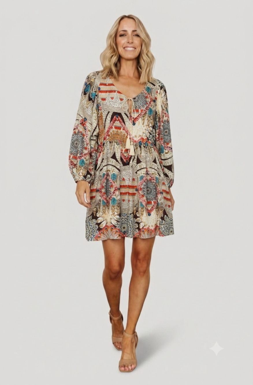 Umgee Floral Tassel Mini Dress Long Sleeve Tiered Size L Western Boho Nashville